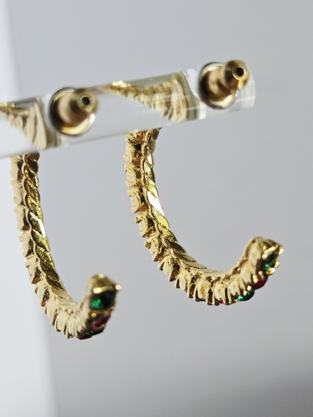 Vintage Gold Tone Hoop Earrings with Red and Green Stones - Picture 16 of 16